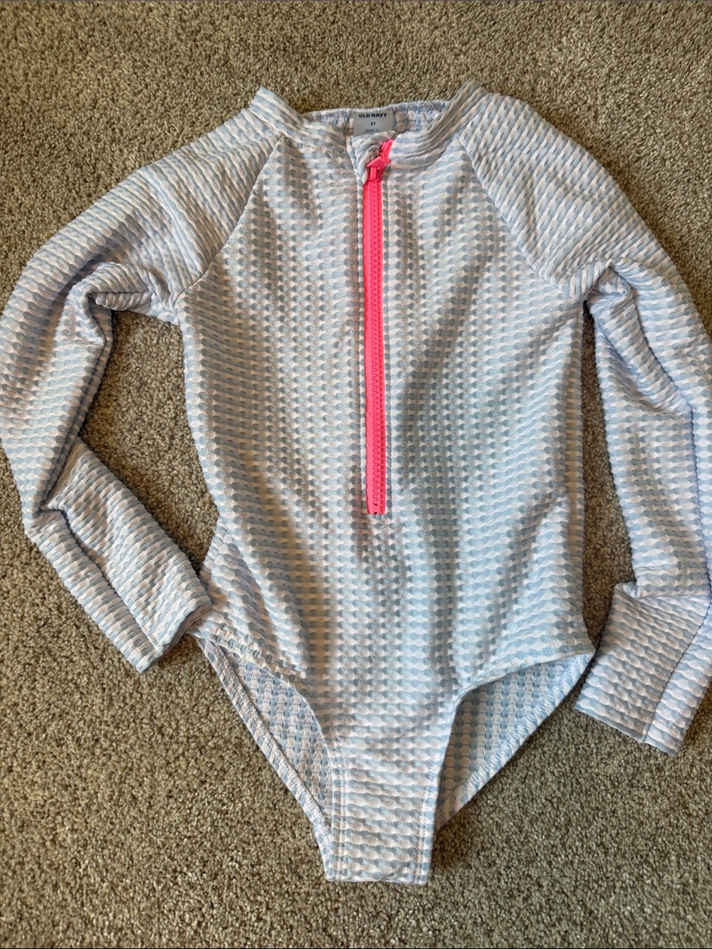 Old Navy Light Blue Long-Sleeve Kids Rashguard Swimsuit with Pink Front Zip